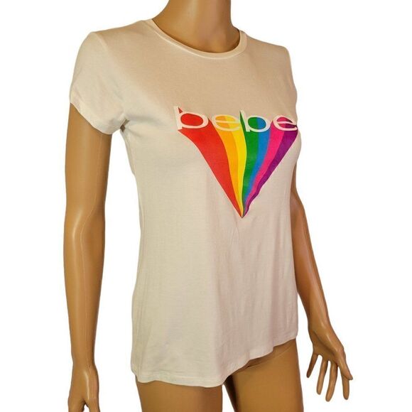Bebe Womens White Tee With Rainbow Logo (Size L) - Picture 8 of 8